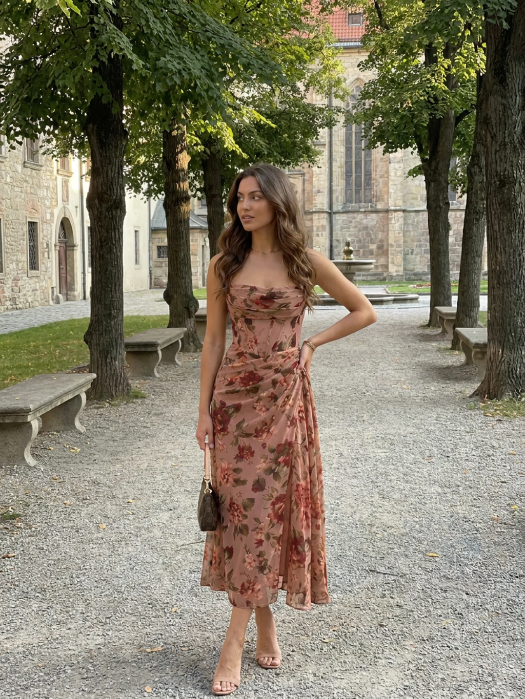 BELLWOOD Women's Floral Chiffon Corset Midi Dress