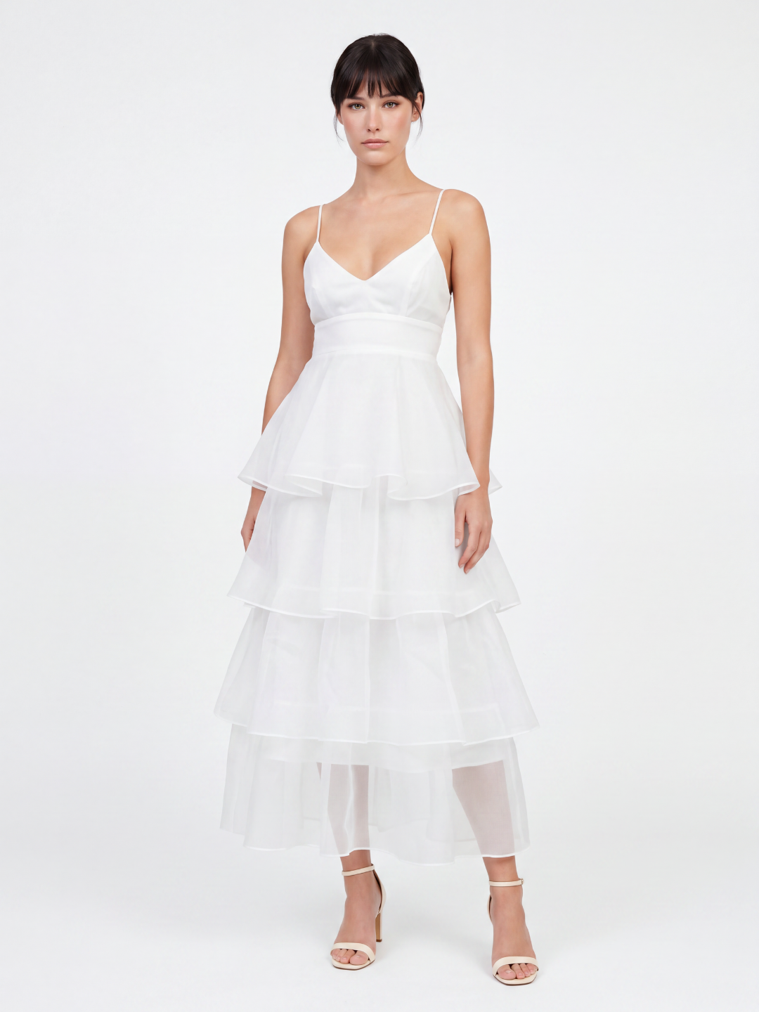 MARCELLA Women's Tiered Ruffle Midi Dress with Organza Skirt
