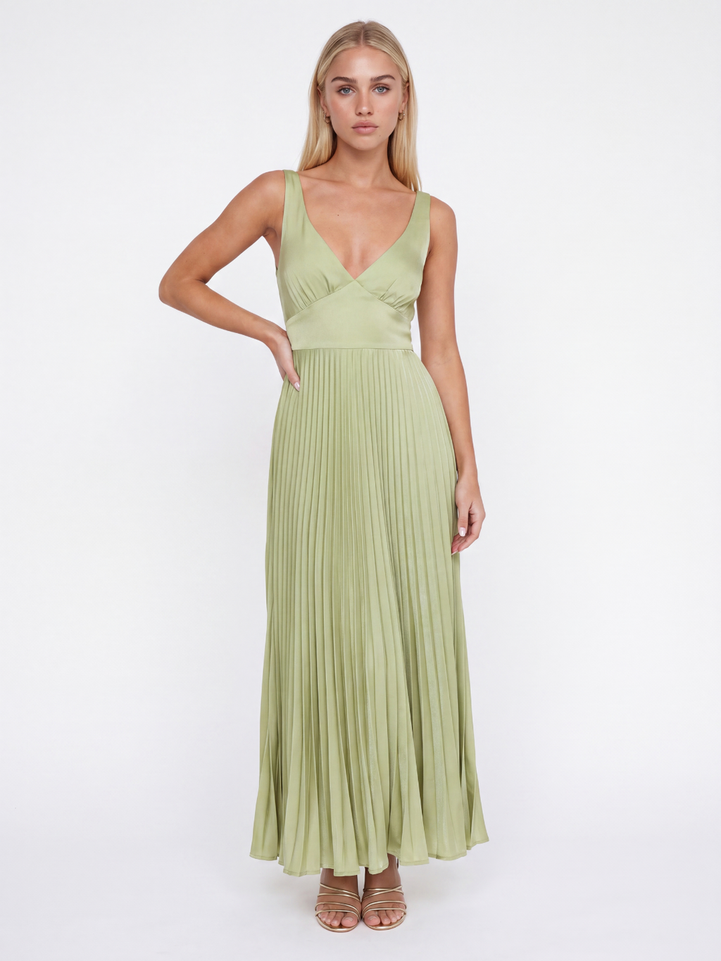 FALINE Women's Pleated Satin Maxi Dress with V-Neck
