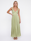 FALINE Women's Pleated Satin Maxi Dress with V-Neck