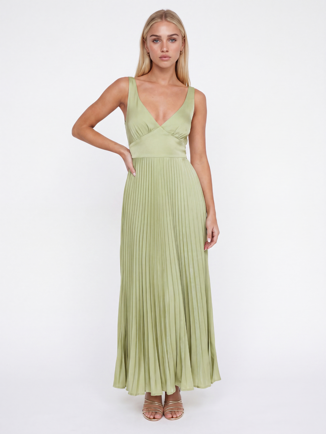 FALINE Women's Pleated Satin Maxi Dress with V-Neck