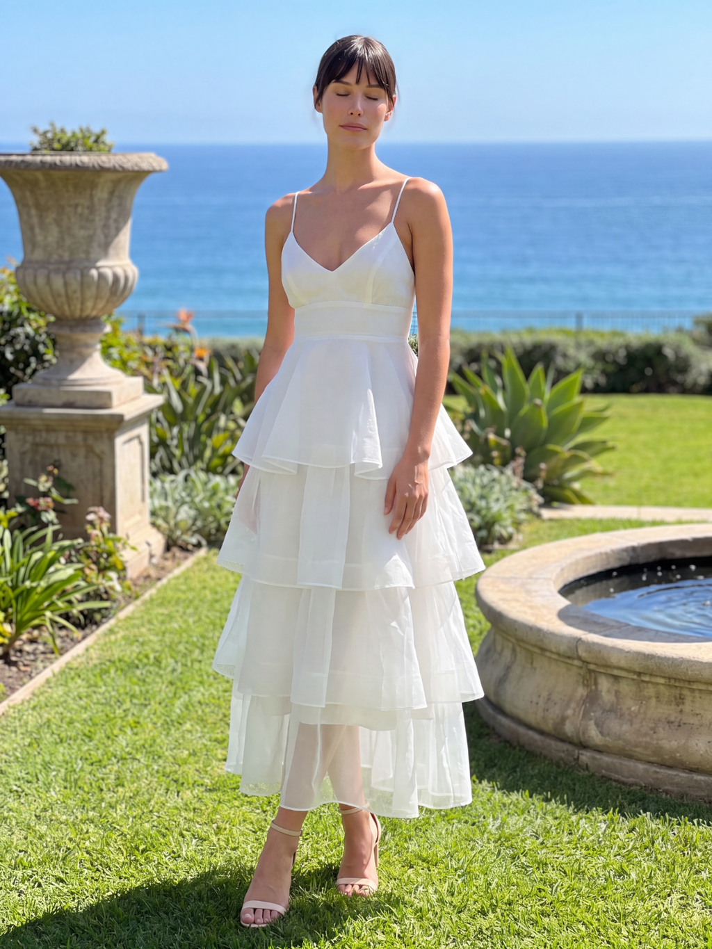 MARCELLA Women's Tiered Ruffle Midi Dress with Organza Skirt