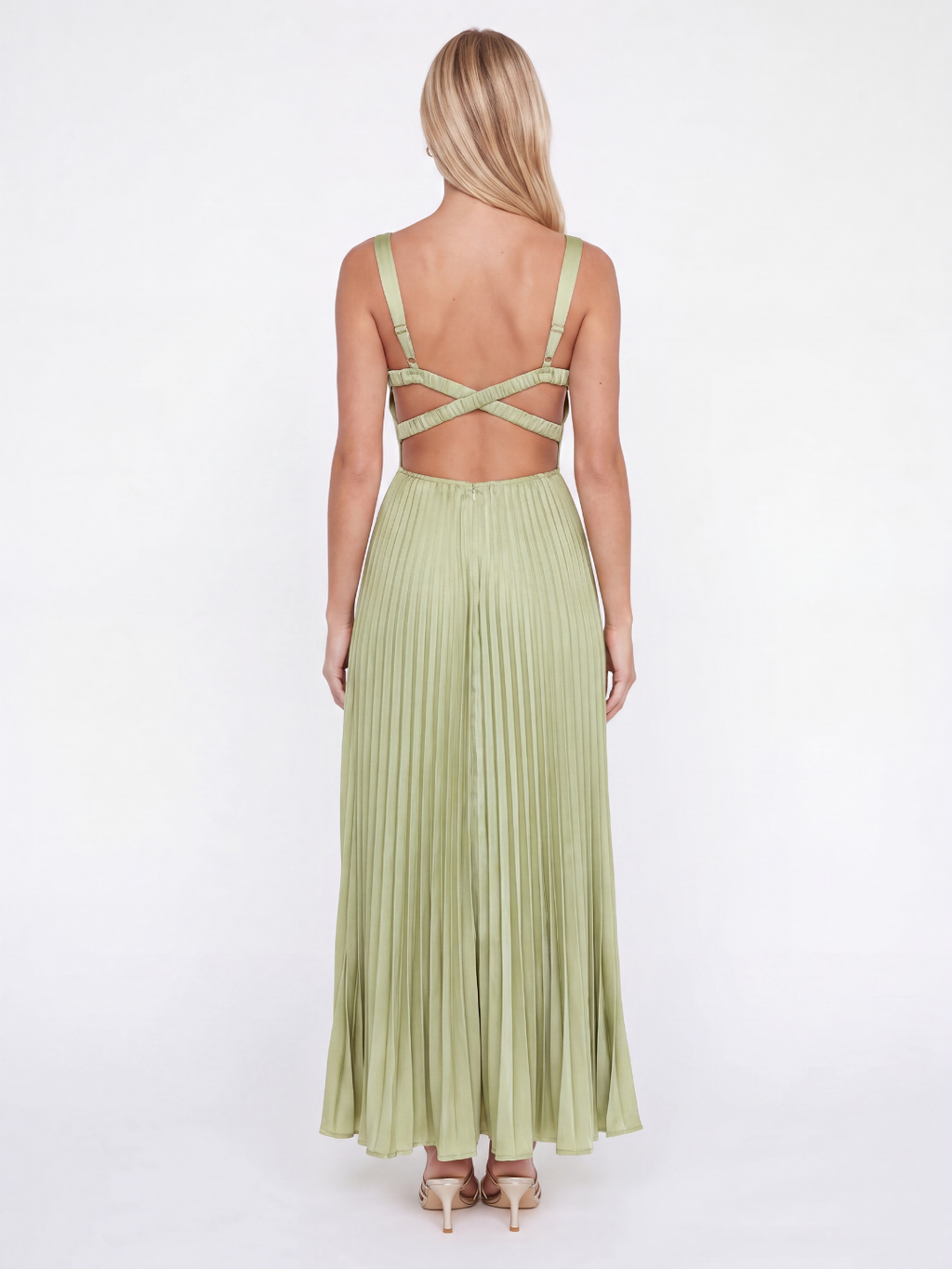 FALINE Women's Pleated Satin Maxi Dress with V-Neck