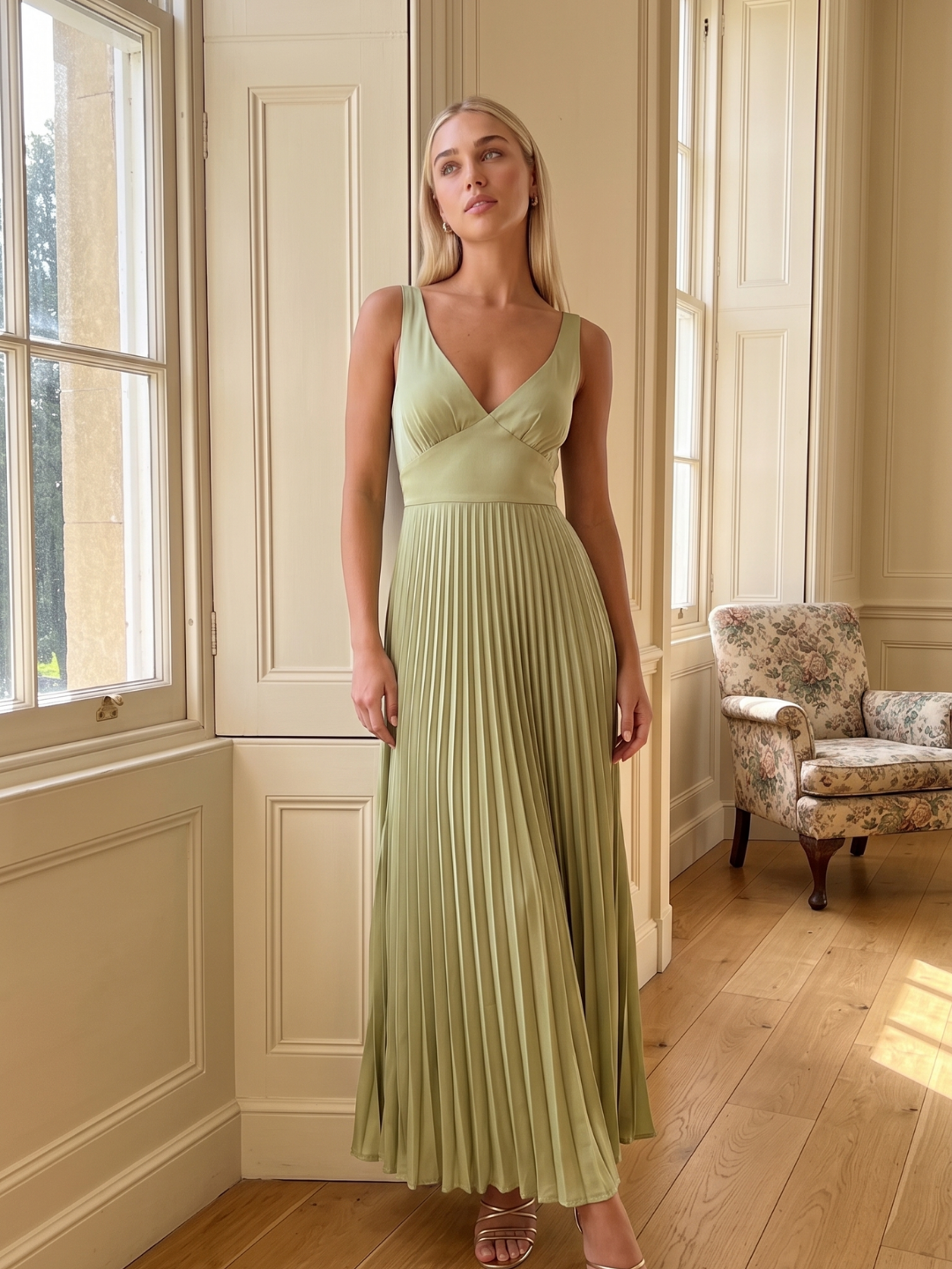 FALINE Women's Pleated Satin Maxi Dress with V-Neck