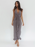 PETRA Women's Plunge Twist-Front Ruched Cascade Maxi Dress