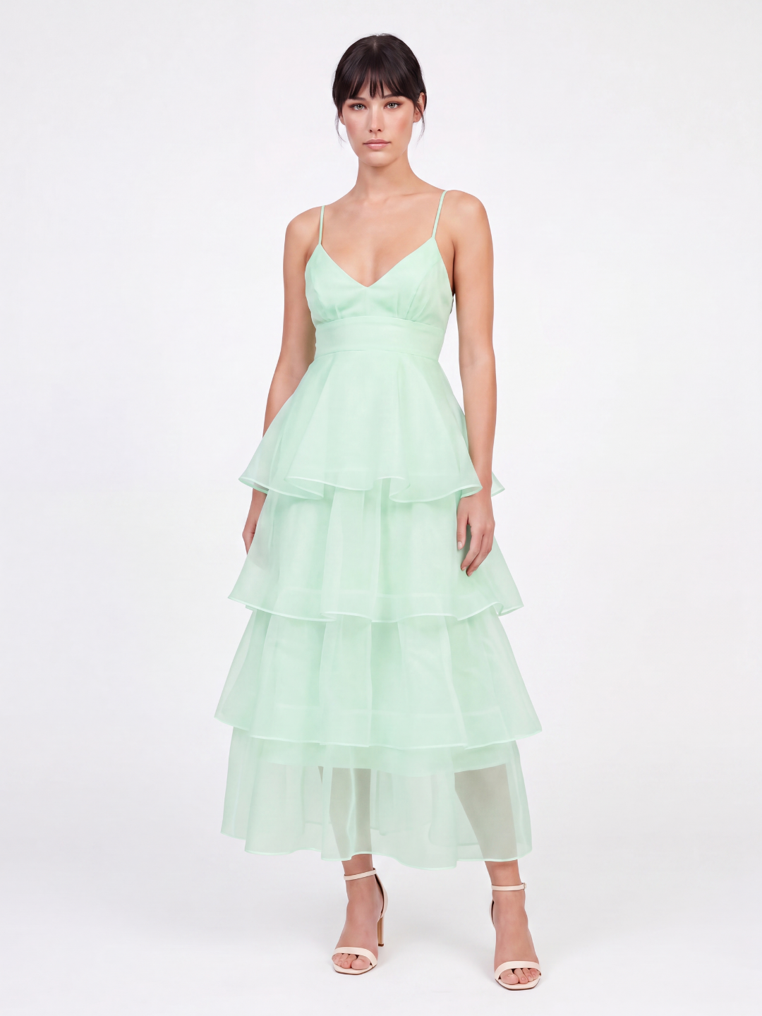 MARCELLA Women's Tiered Ruffle Midi Dress with Organza Skirt