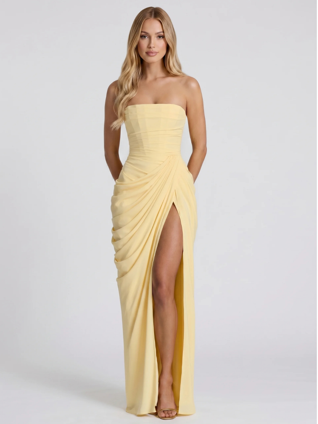 OKSANA Women's Strapless Ruched Draped-Skirt Maxi Dress with Front Slit