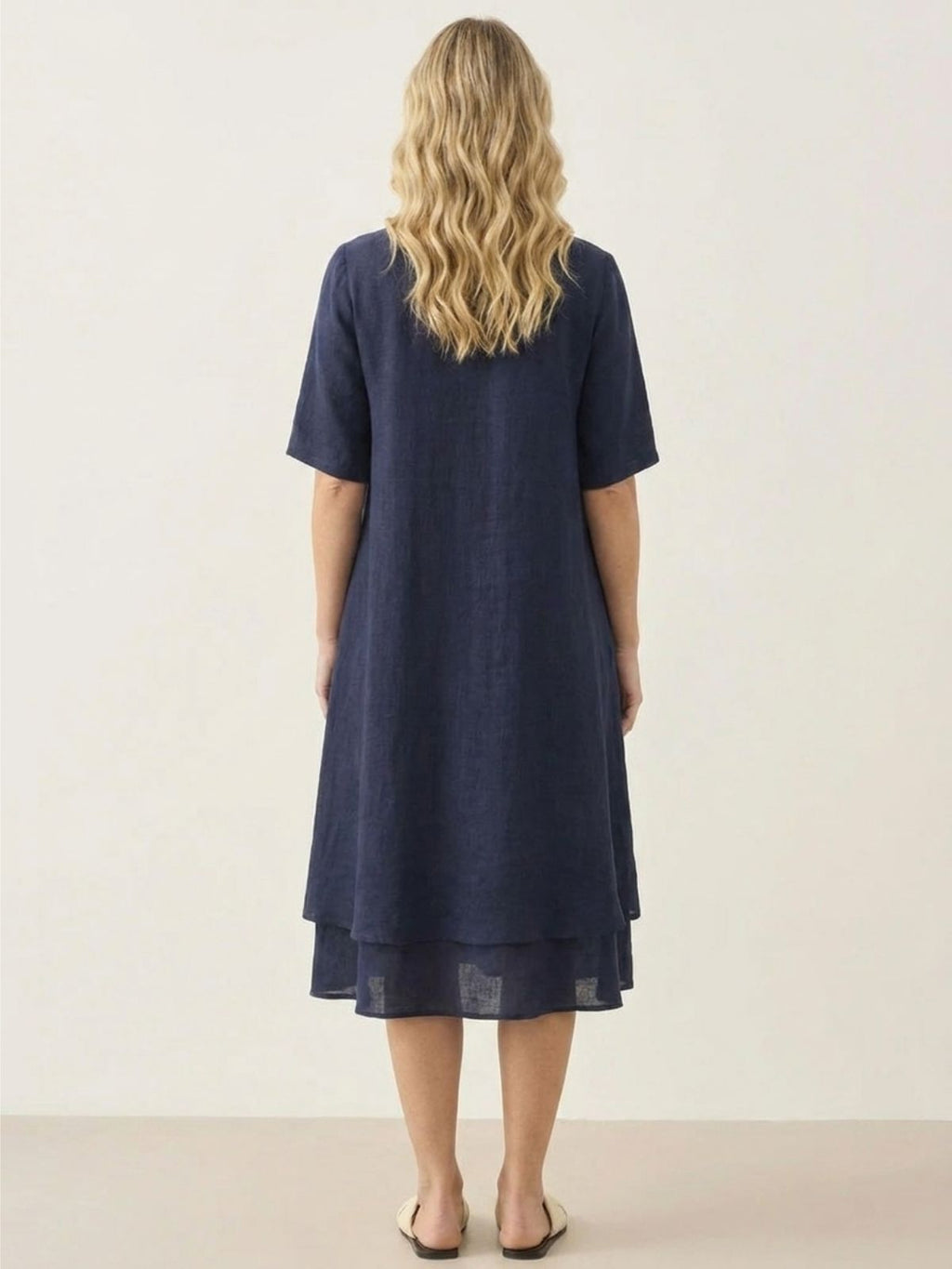 PALMA Women's Short Sleeve Linen Midi Dress with Double Layer Hem