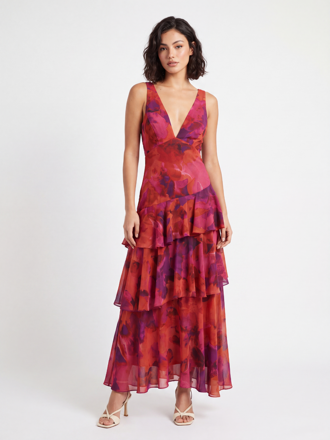 CARLOTTA Women's Strappy Back Tiered Ruffle Midi Dress with Floral Print