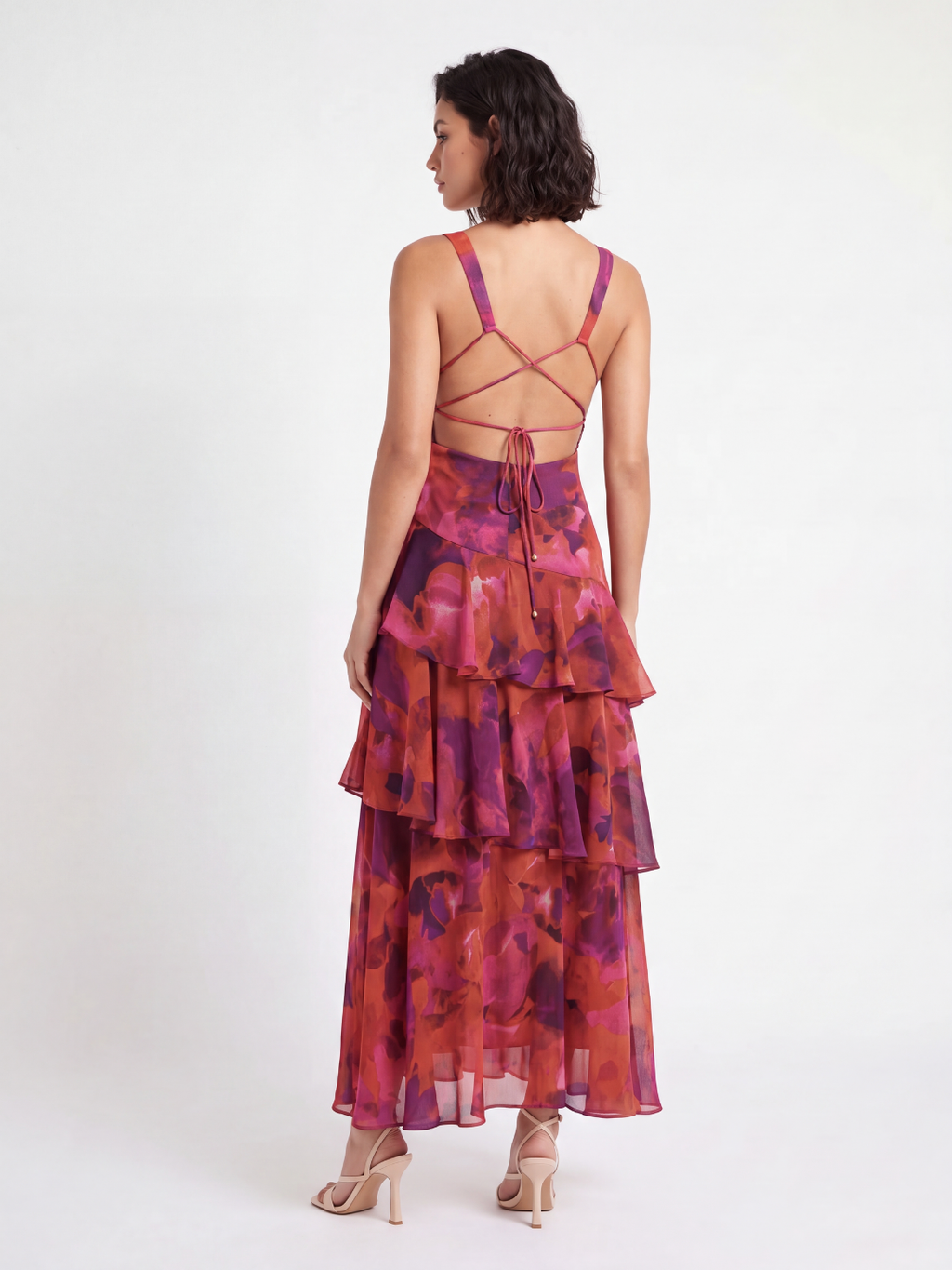 CARLOTTA Women's Strappy Back Tiered Ruffle Midi Dress with Floral Print