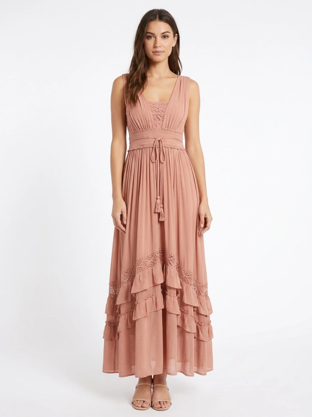 NORELLE Women's Boho Lace-Trim Tiered Ruffle Maxi Dress
