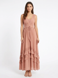 NORELLE Women's Boho Lace-Trim Tiered Ruffle Maxi Dress