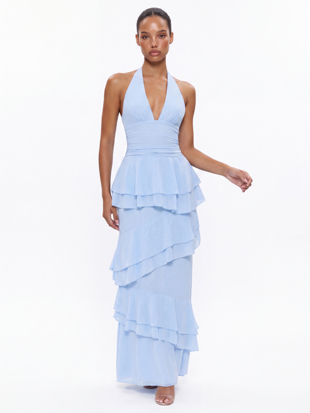 AMBEROSE Women's Halter Tiered Ruffle Maxi Dress with V-Neck