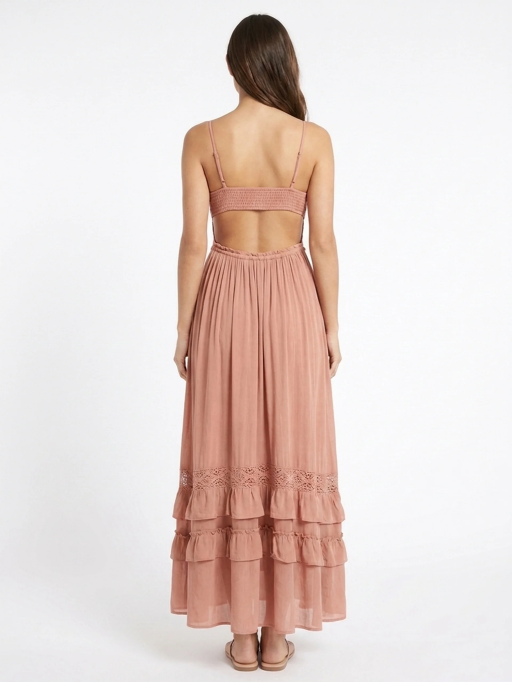 NORELLE Women's Boho Lace-Trim Tiered Ruffle Maxi Dress