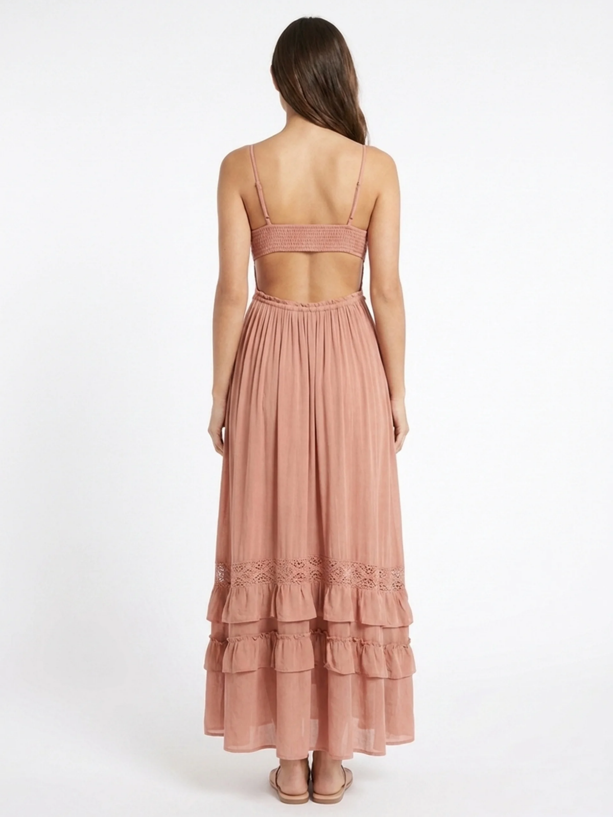NORELLE Women's Boho Lace-Trim Tiered Ruffle Maxi Dress