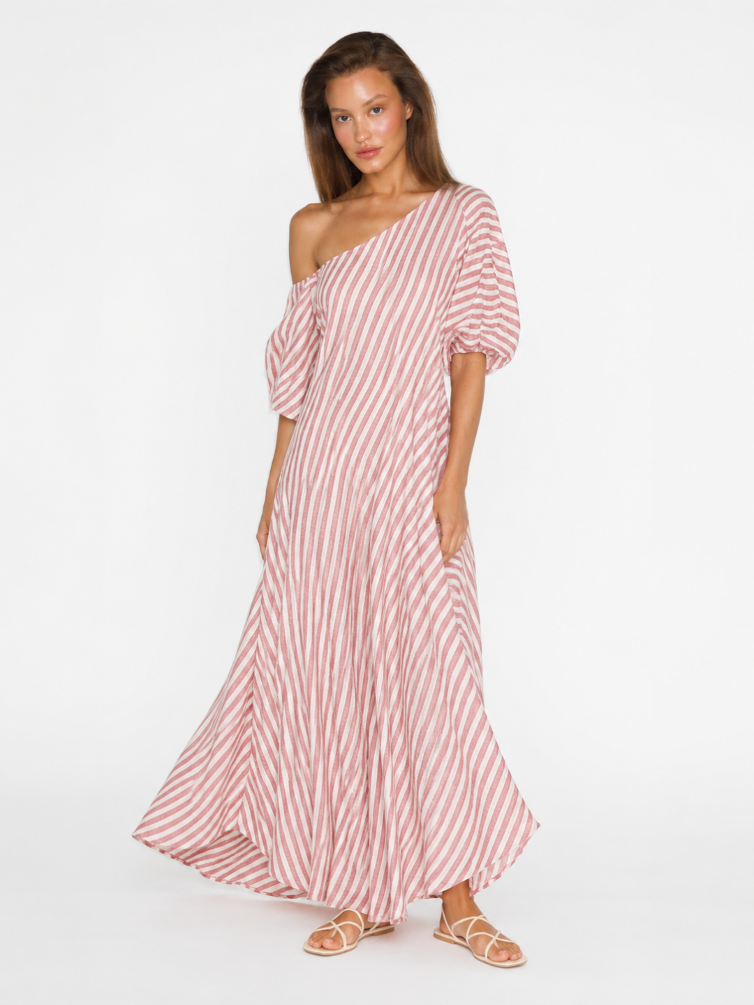 PERRINE Women's Striped One-Shoulder Puff Sleeve Maxi Dress