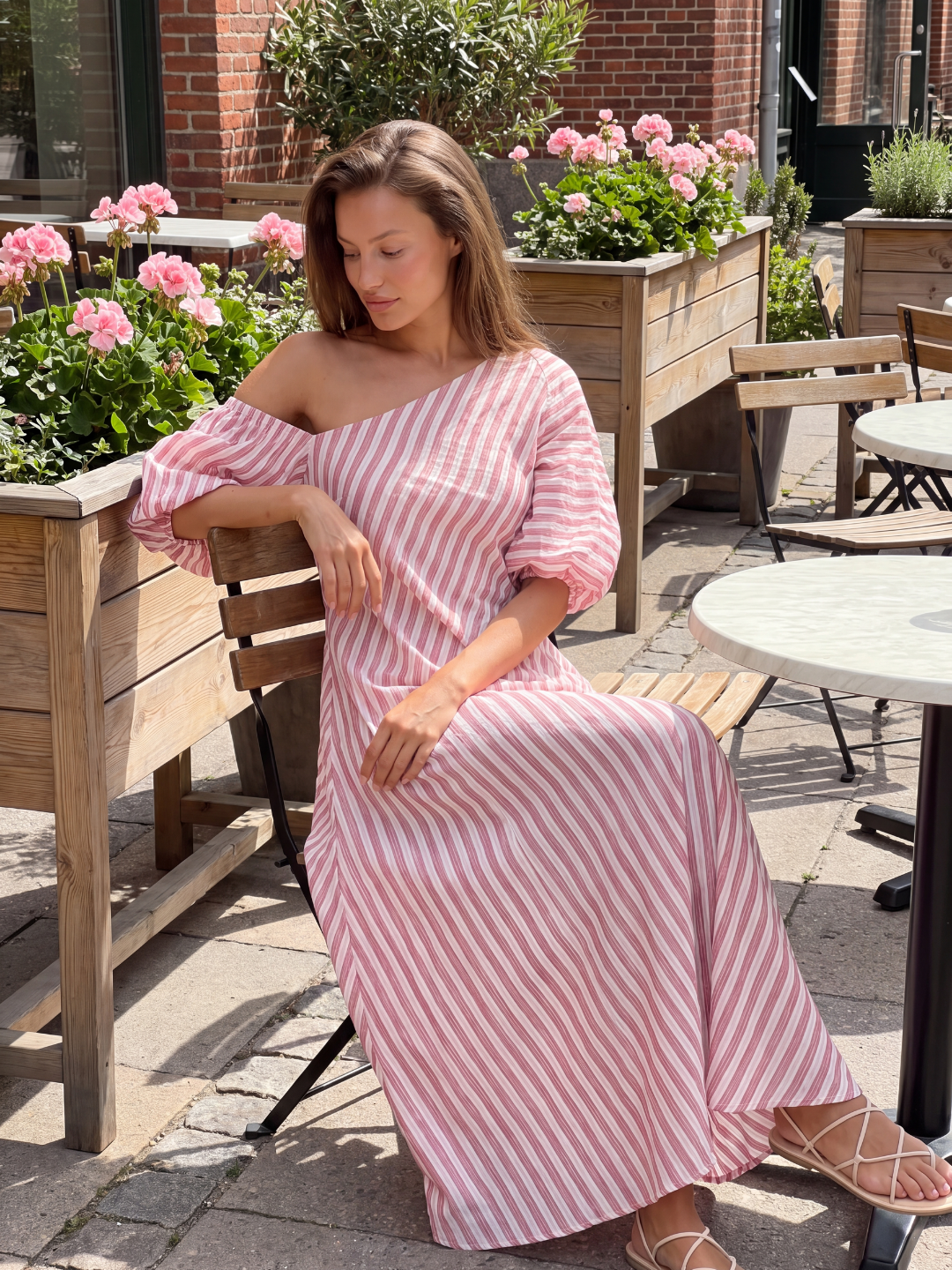PERRINE Women's Striped One-Shoulder Puff Sleeve Maxi Dress