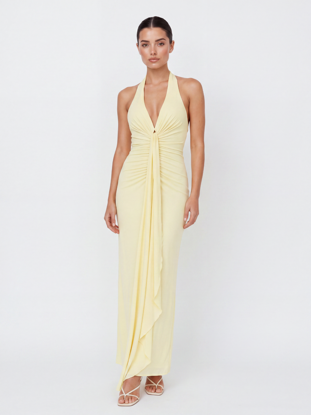 HALIA Women's Ruched Halterneck Maxi Dress with Cascading Sash