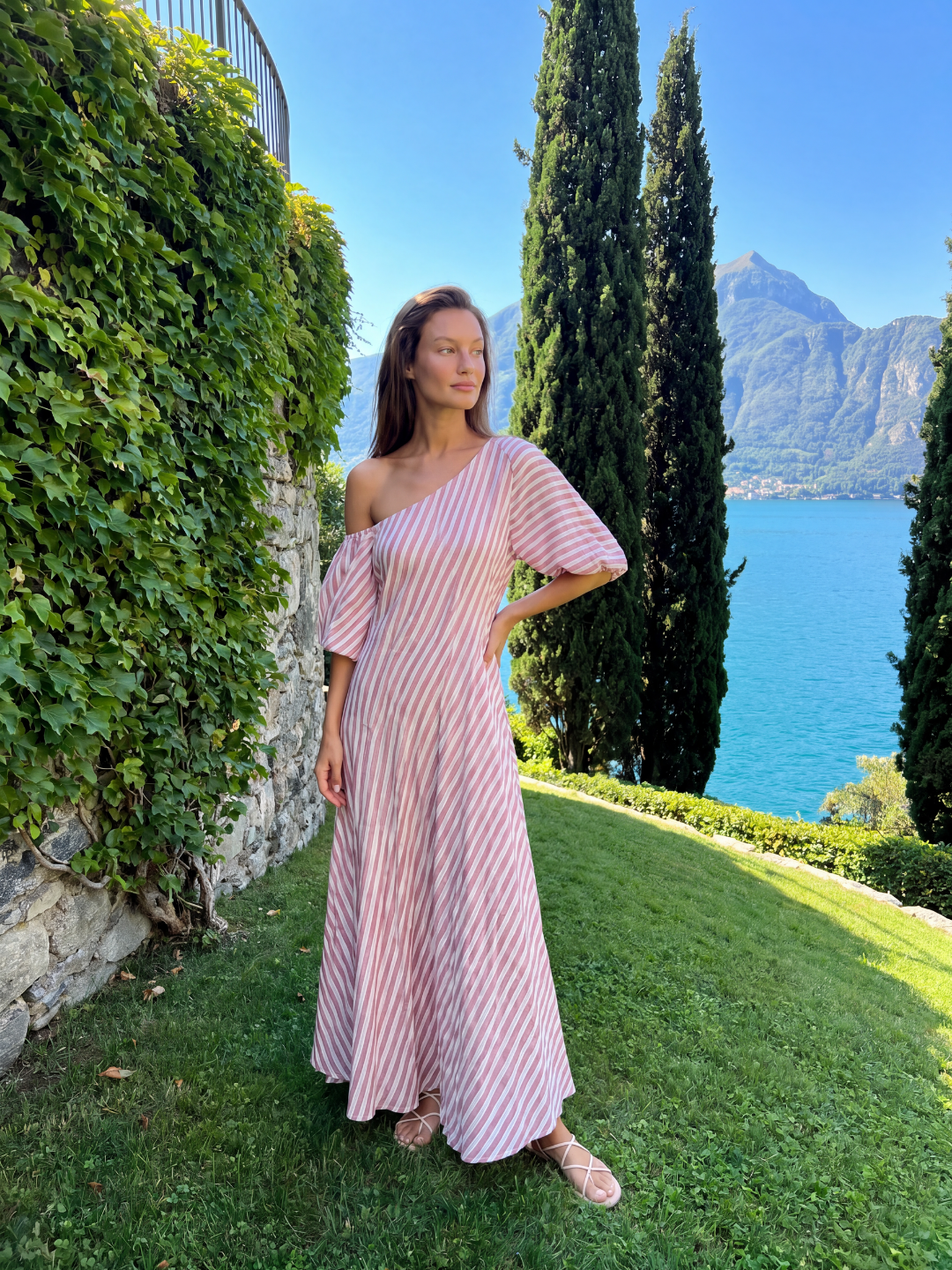 PERRINE Women's Striped One-Shoulder Puff Sleeve Maxi Dress