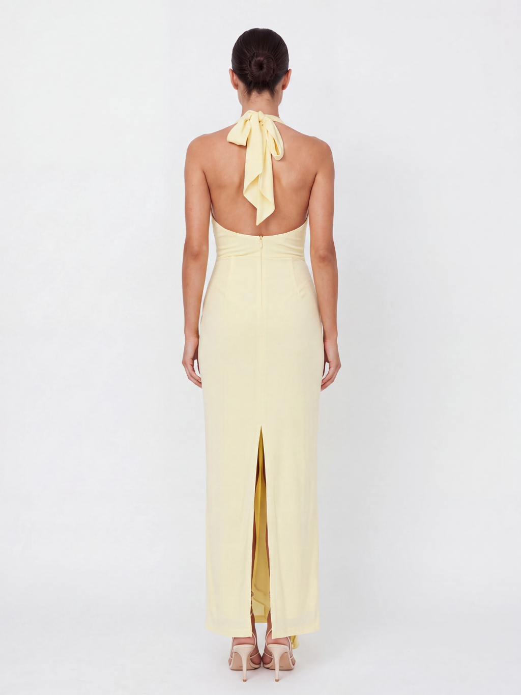HALIA Women's Ruched Halterneck Maxi Dress with Cascading Sash