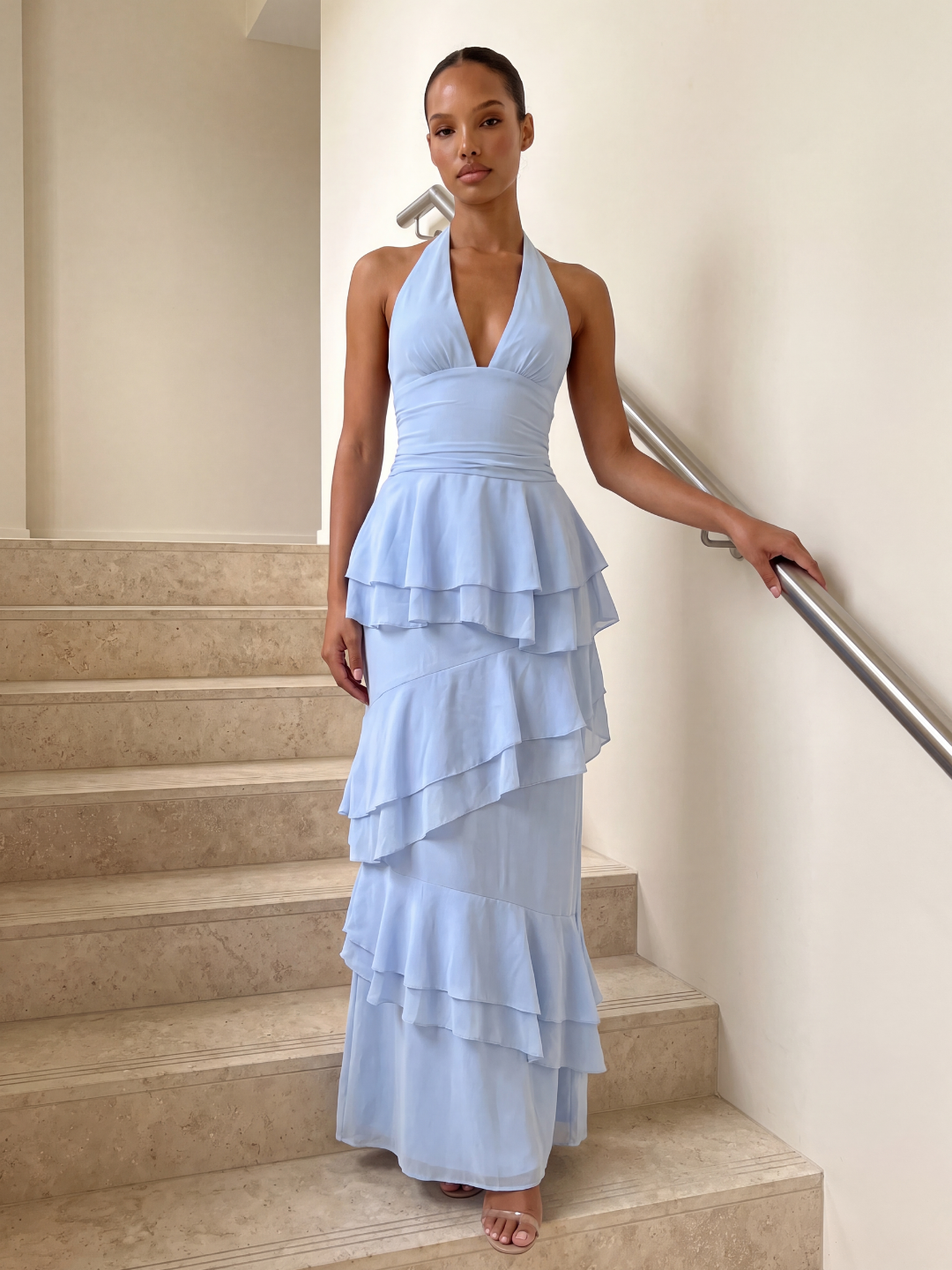 AMBEROSE Women's Halter Tiered Ruffle Maxi Dress with V-Neck