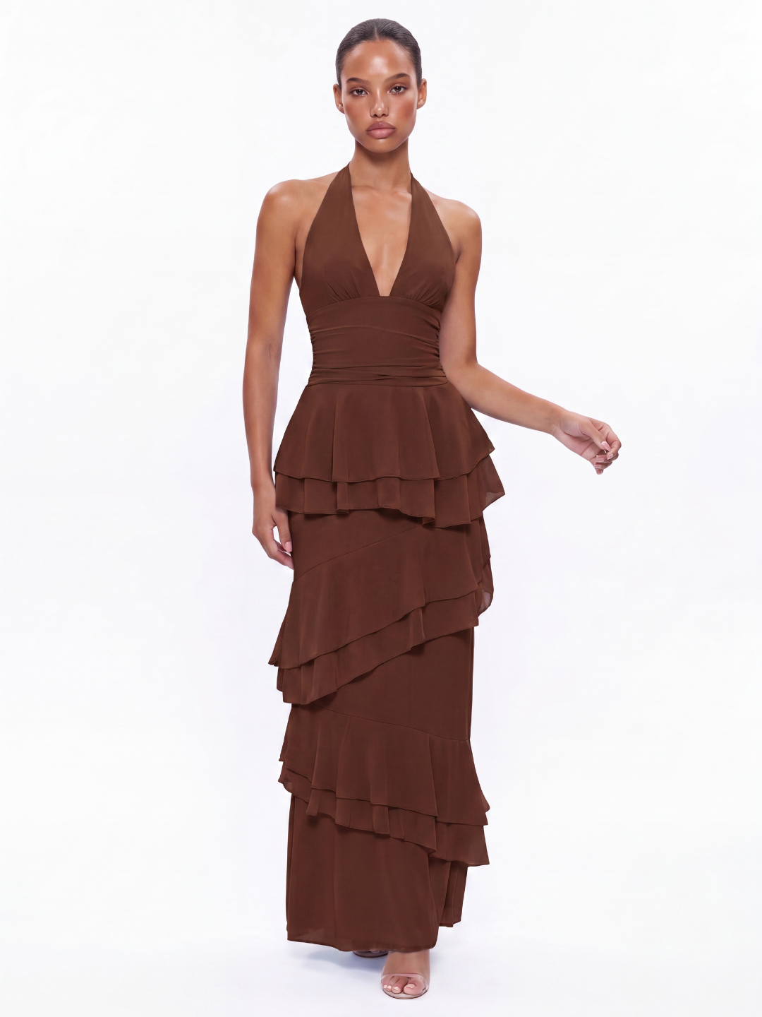 AMBEROSE Women's Halter Tiered Ruffle Maxi Dress with V-Neck