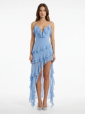 QUENNA Women's Sleeveless Ruffle Maxi Dress with Asymmetric Hem
