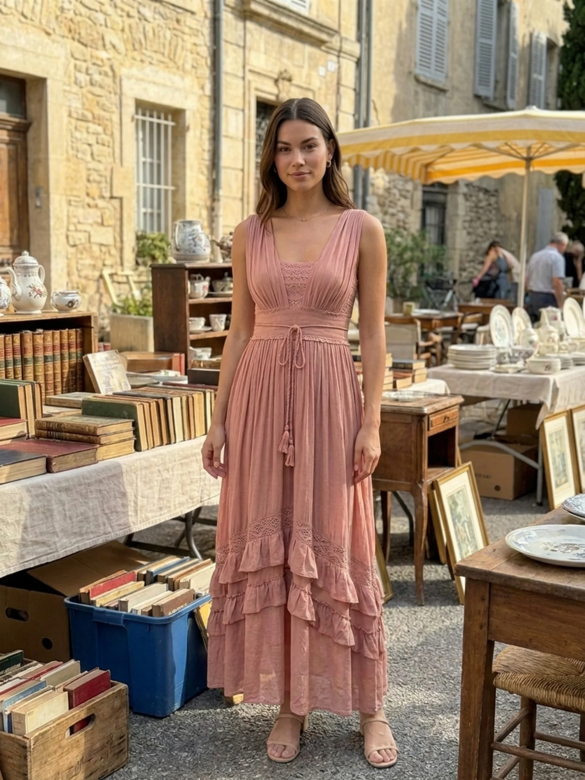 NORELLE Women's Boho Lace-Trim Tiered Ruffle Maxi Dress