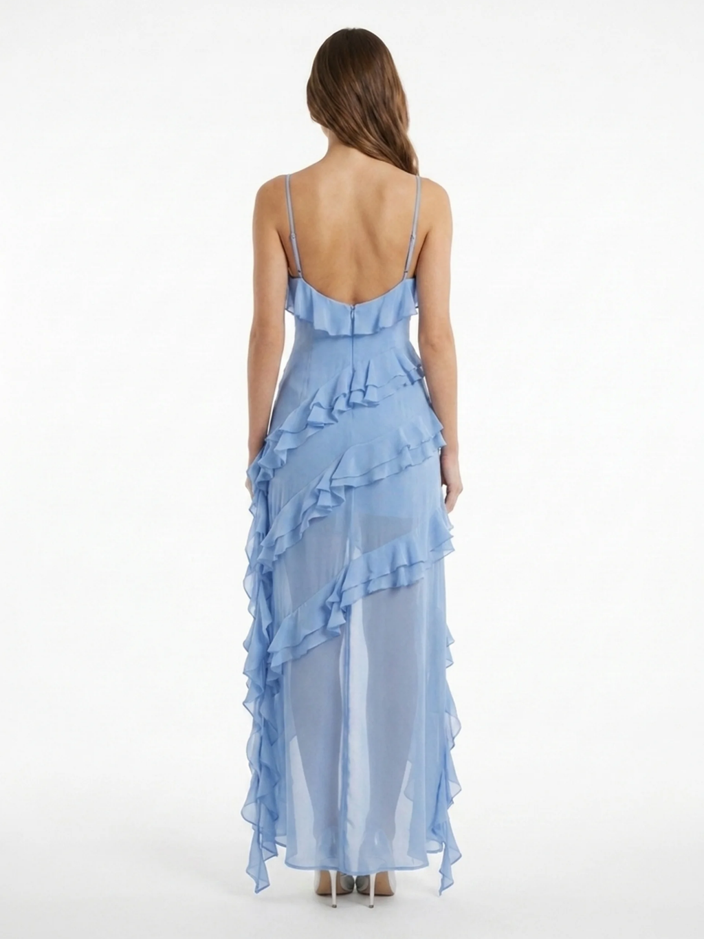 QUENNA Women's Sleeveless Ruffle Maxi Dress with Asymmetric Hem