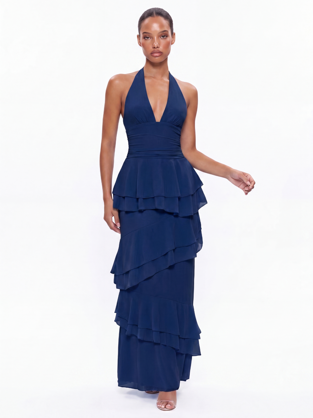 AMBEROSE Women's Halter Tiered Ruffle Maxi Dress with V-Neck