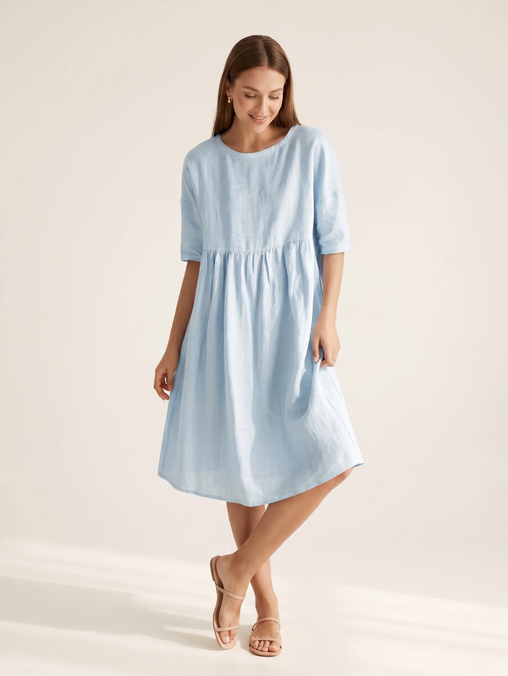 WINTRESS Women's Three-Quarter Sleeve Linen A-Line Midi Dress with Pockets