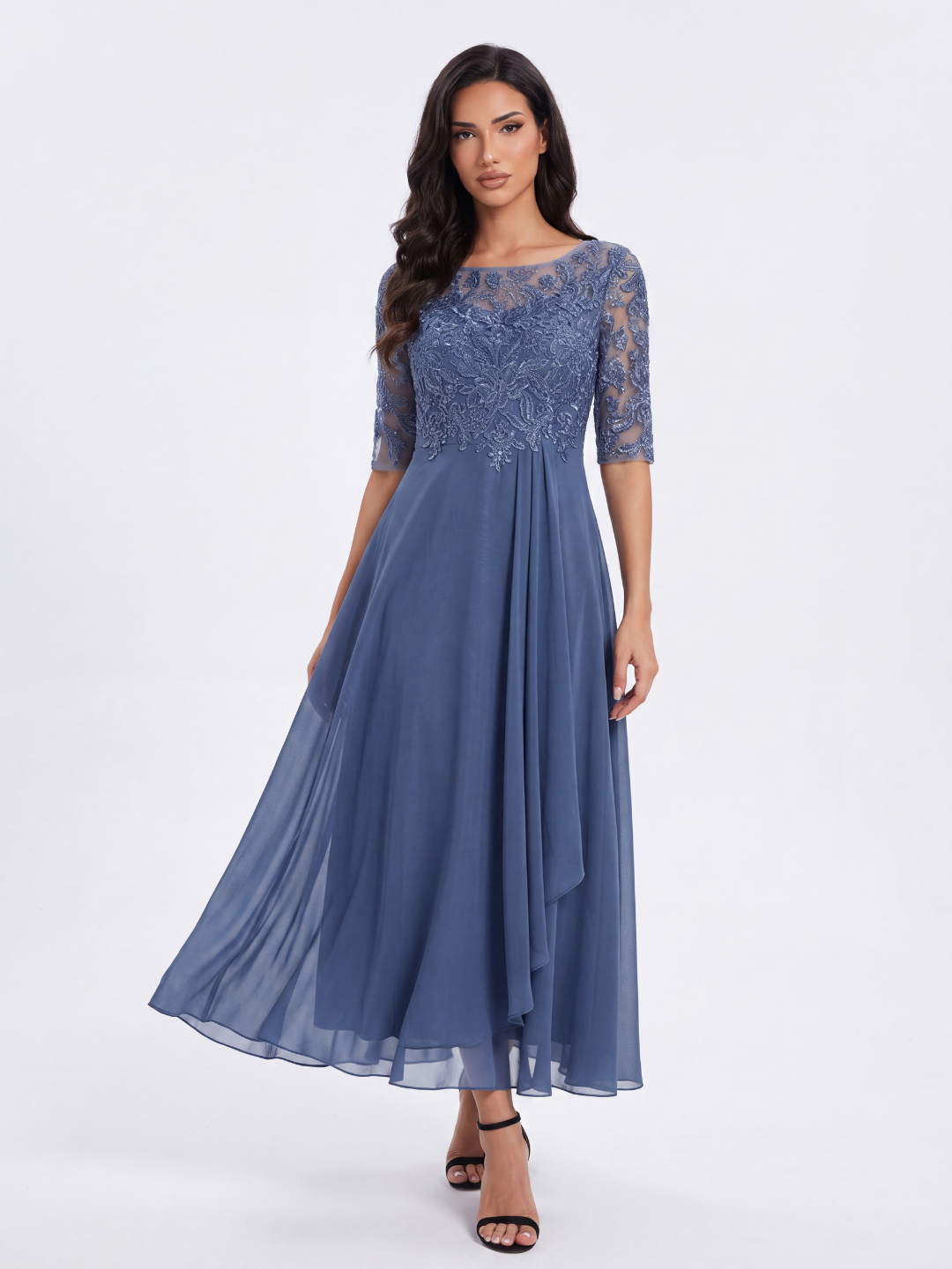 CELESTINA Women's Lace Bodice Chiffon Midi Dress