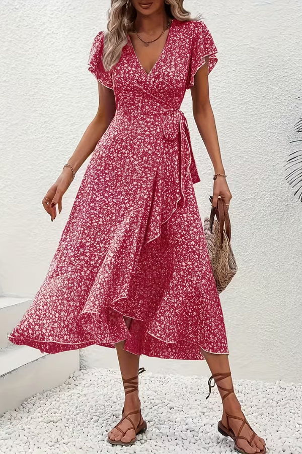 JORUNN Women's Short Sleeve Floral Print Wrap Maxi Dress