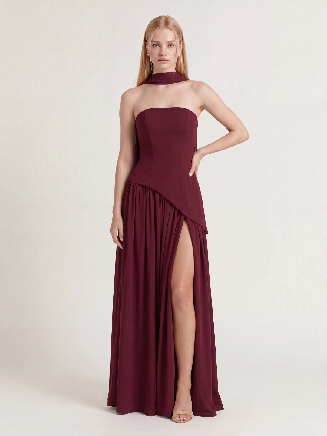 SABLE Women's Strapless Asymmetric Contrast Maxi Dress with Choker