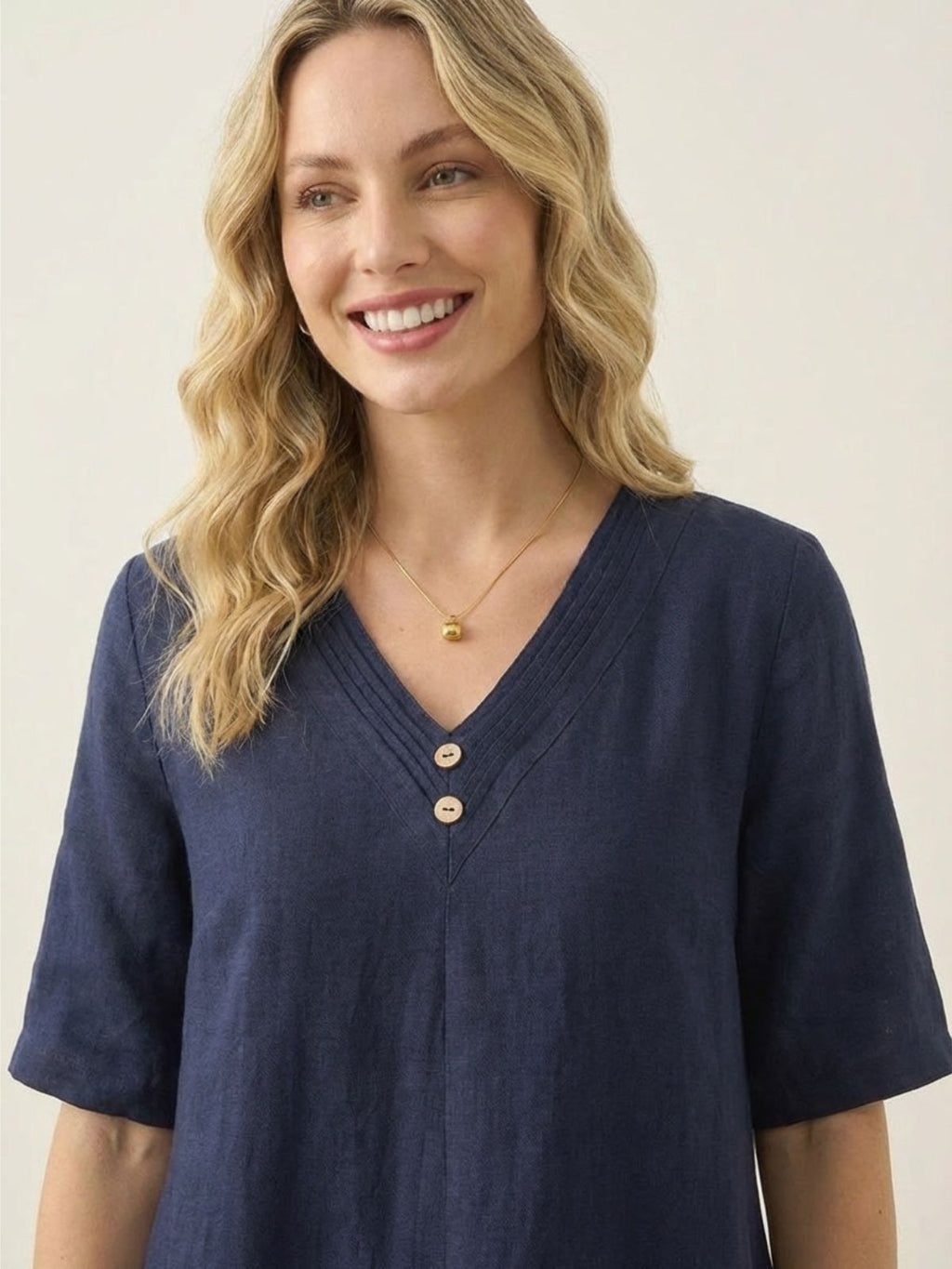 PALMA Women's Short Sleeve Linen Midi Dress with Double Layer Hem