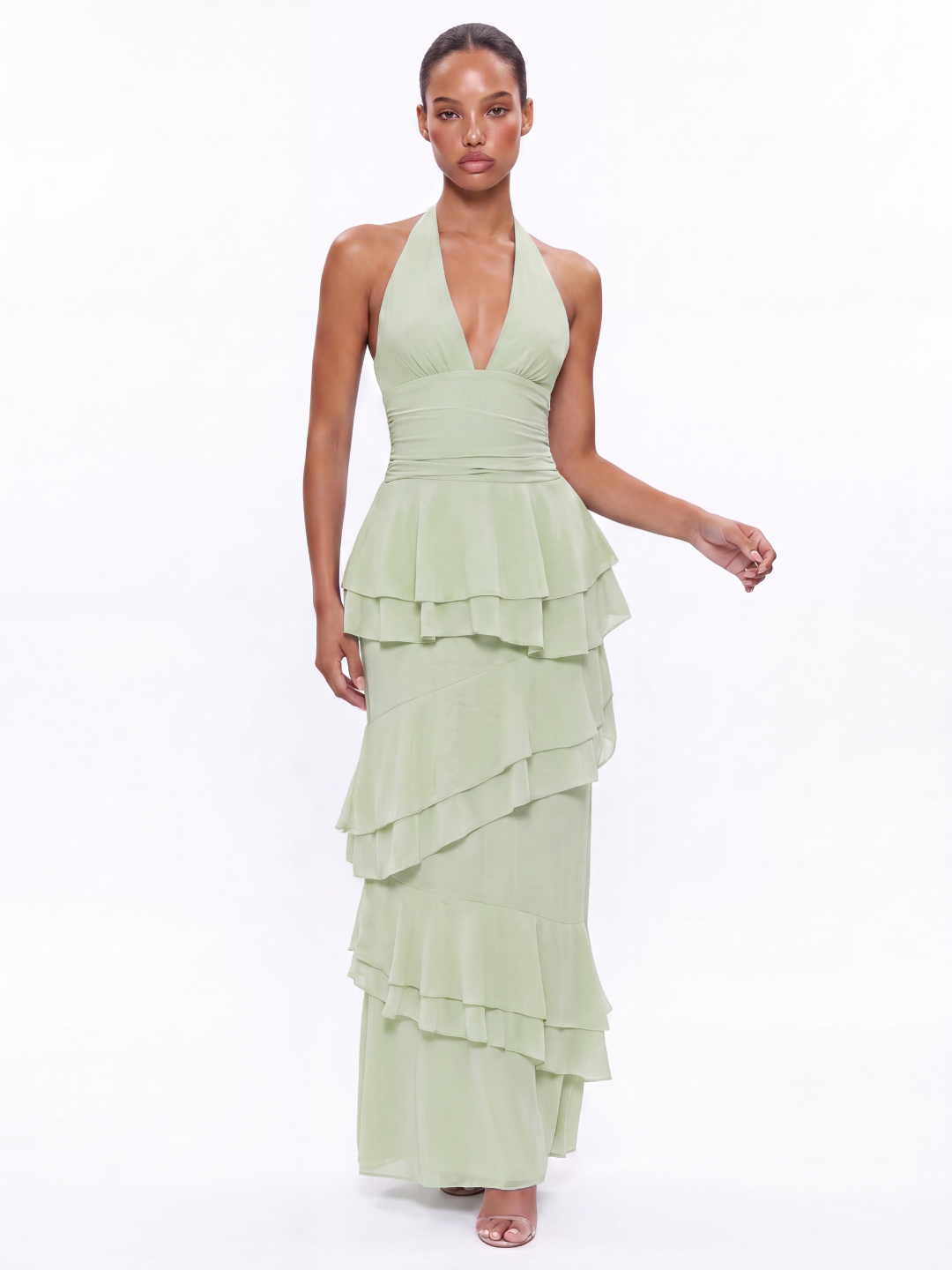 AMBEROSE Women's Halter Tiered Ruffle Maxi Dress with V-Neck