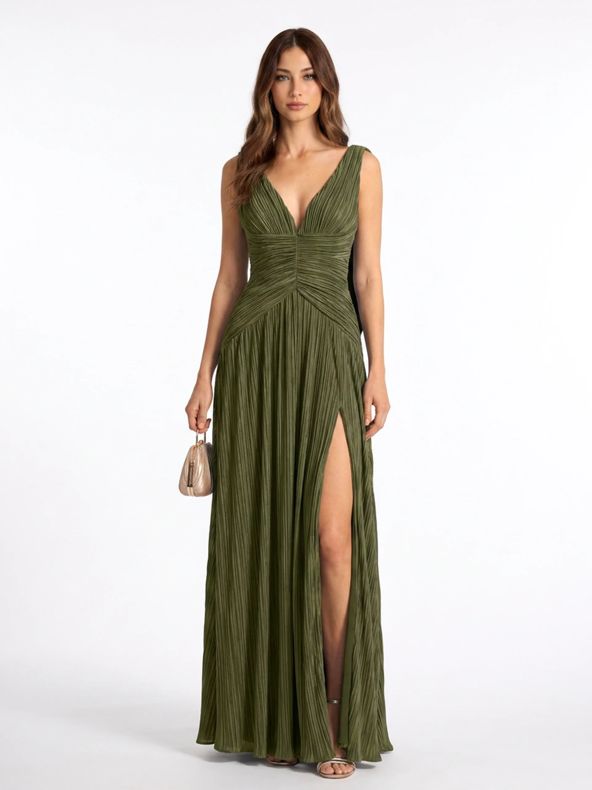CORALINE Women's Pleated V-Neck Maxi Dress with High Slit