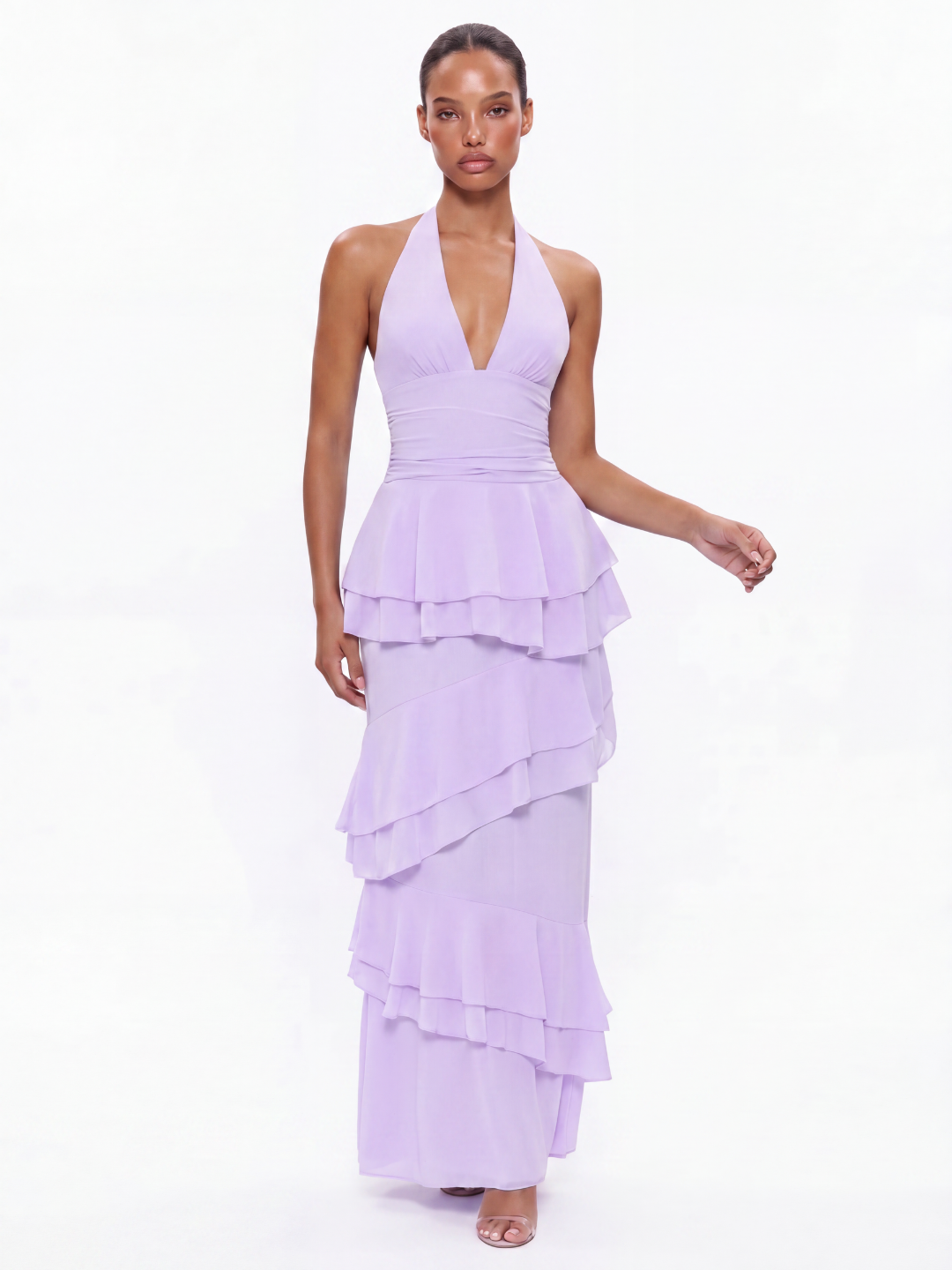 AMBEROSE Women's Halter Tiered Ruffle Maxi Dress with V-Neck