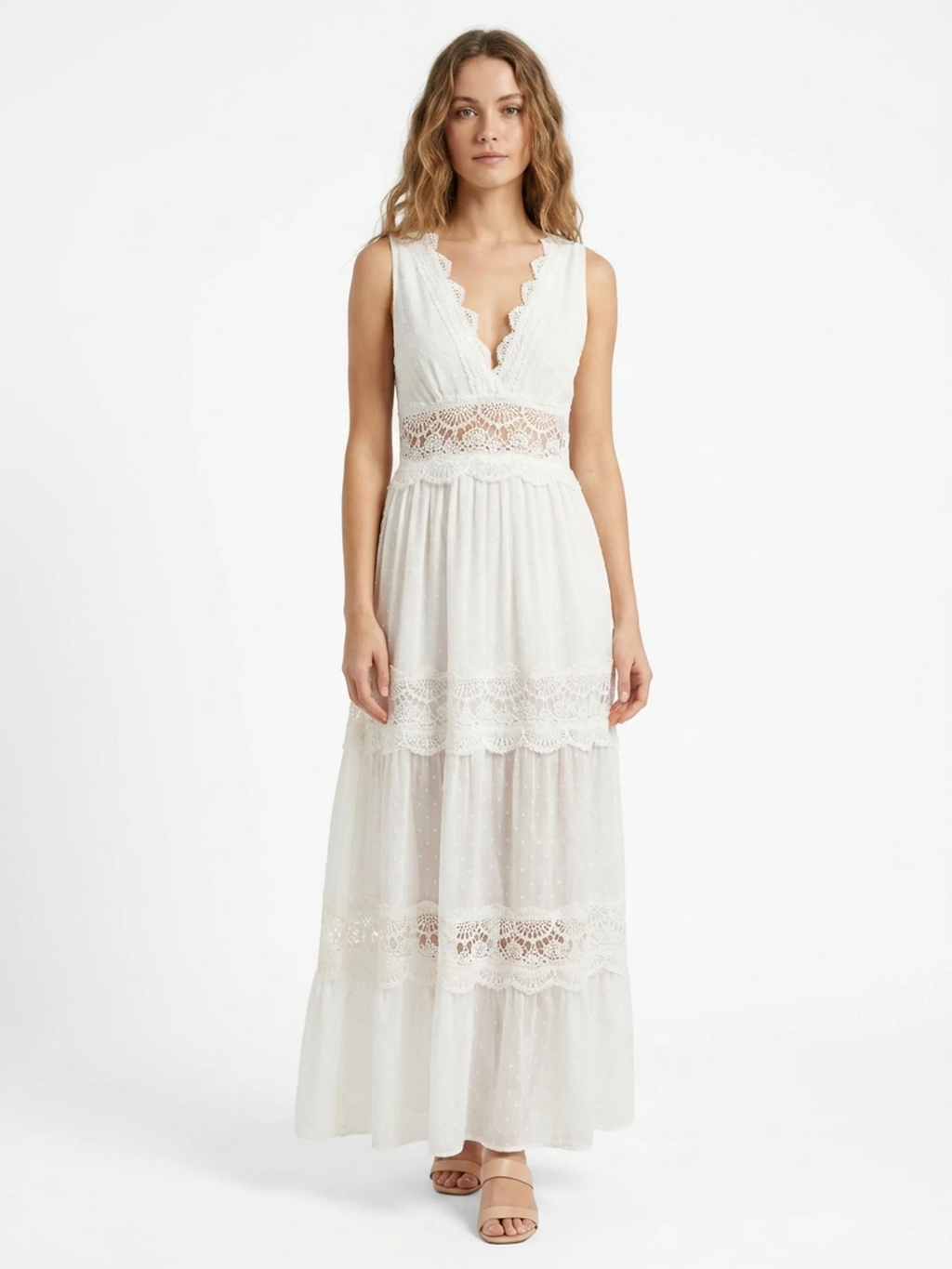AMORET Women's Boho Lace-Panel V-Neck Maxi Dress