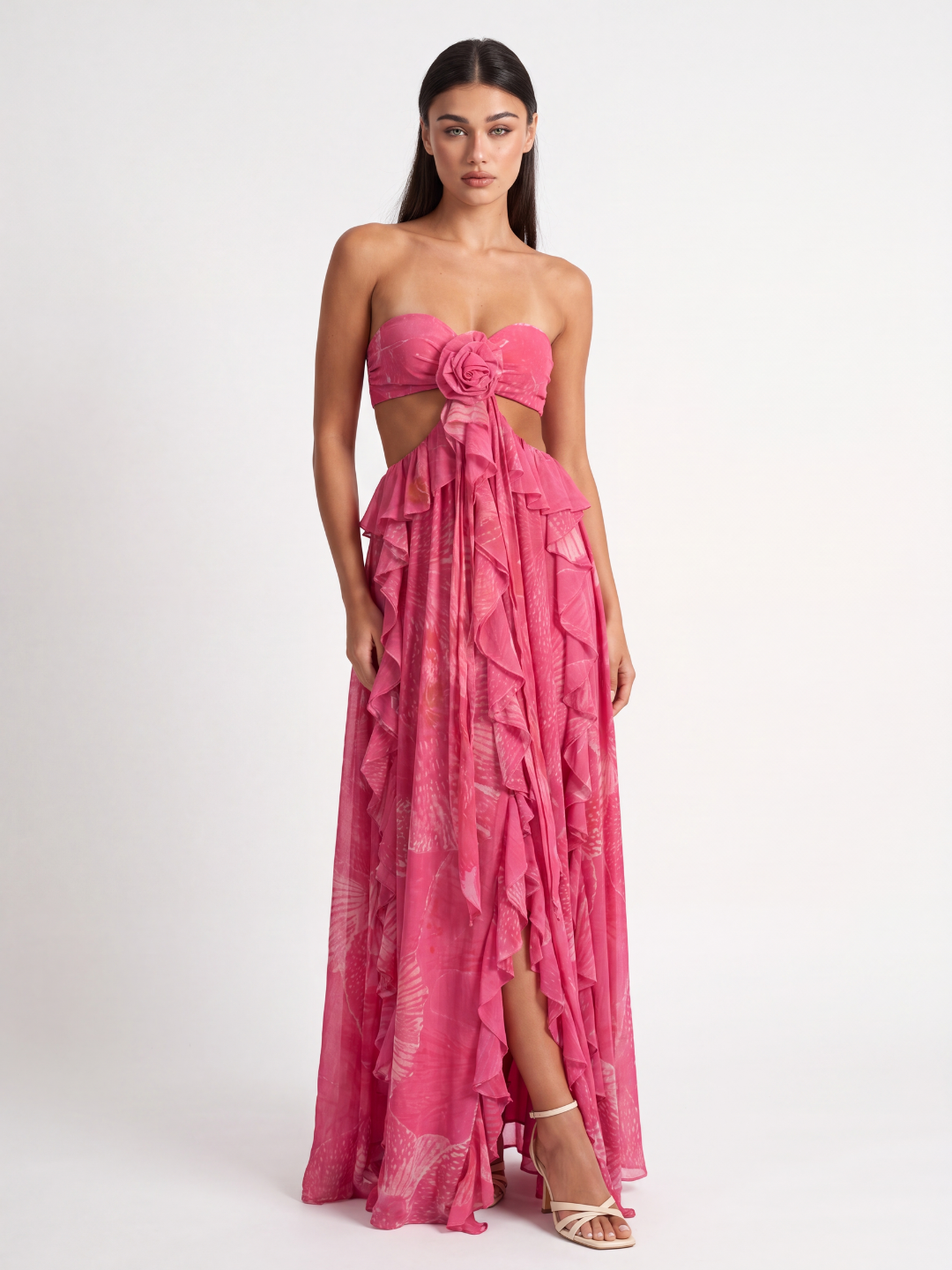 YASMEEN Women's Cut-Out Ruffle Maxi Dress with Rosette Detail