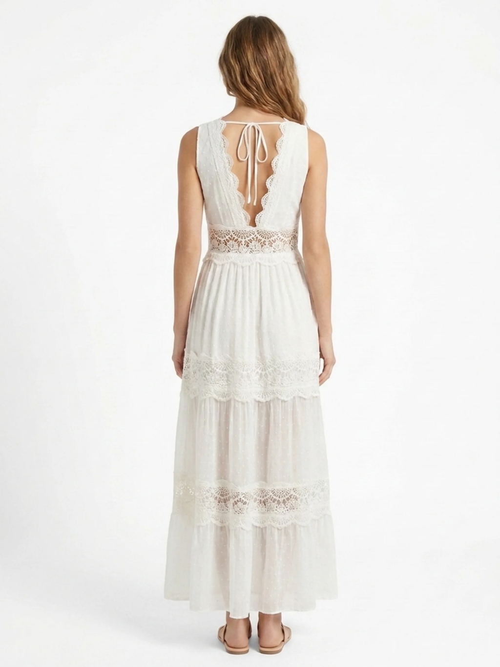 AMORET Women's Boho Lace-Panel V-Neck Maxi Dress