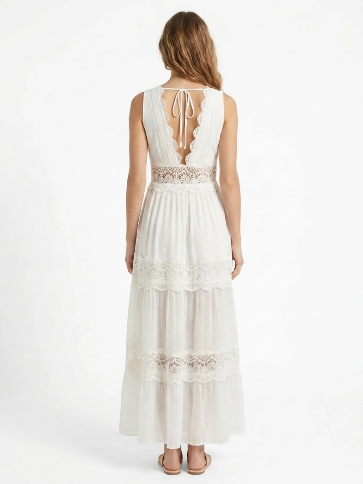 AMORET Women's Boho Lace-Panel V-Neck Maxi Dress