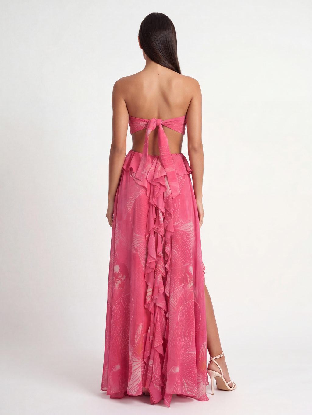 YASMEEN Women's Cut-Out Ruffle Maxi Dress with Rosette Detail