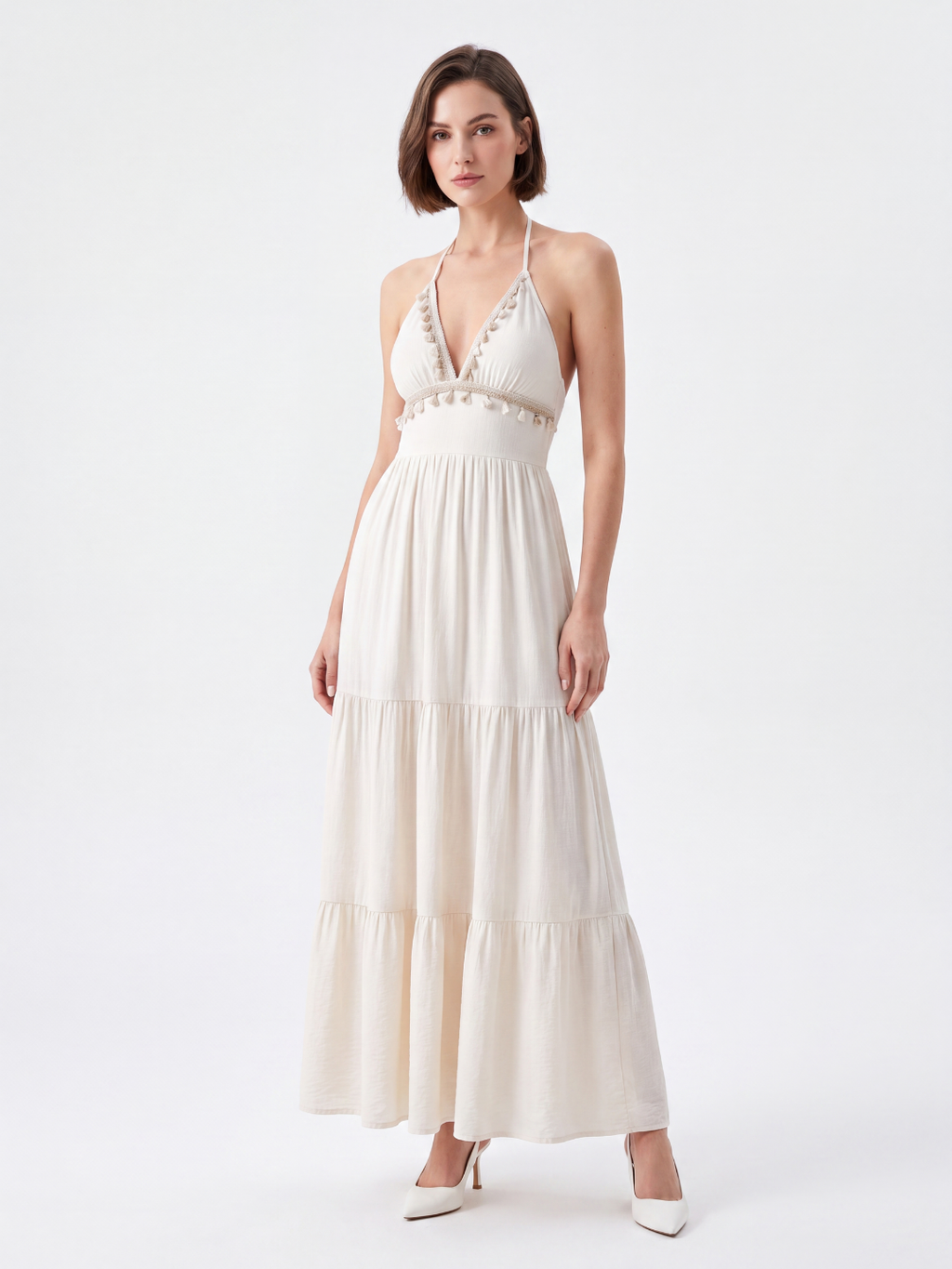 RHEA Women's Halter Neck Open Back Boho Maxi Dress