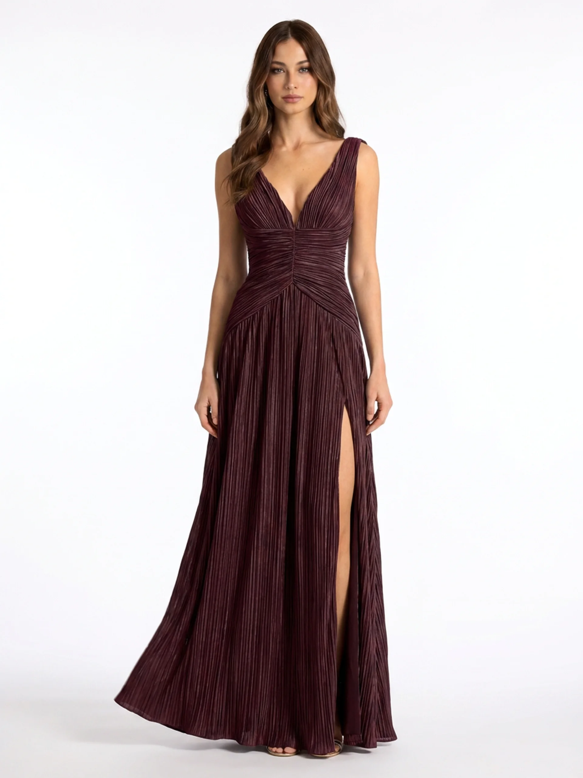 CORALINE Women's Pleated V-Neck Maxi Dress with High Slit