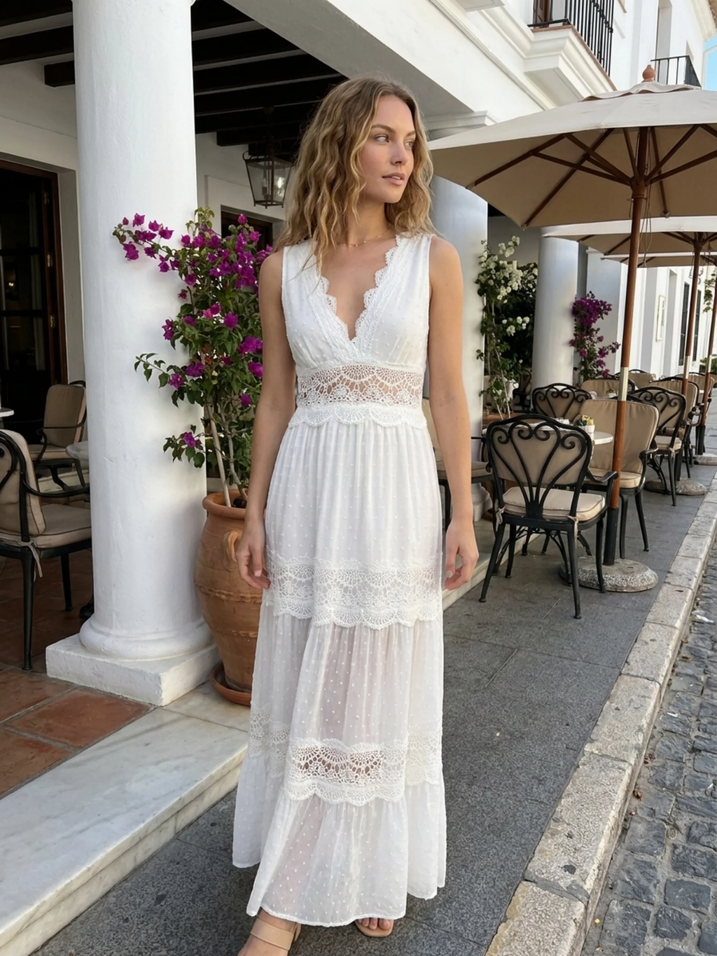 AMORET Women's Boho Lace-Panel V-Neck Maxi Dress