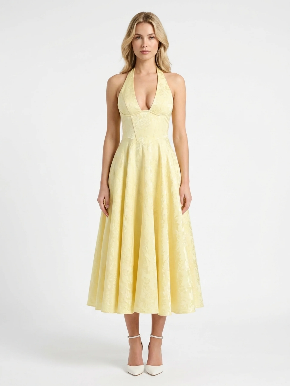 SAFFRON Women's Halter Corset Midi Dress with Full Skirt