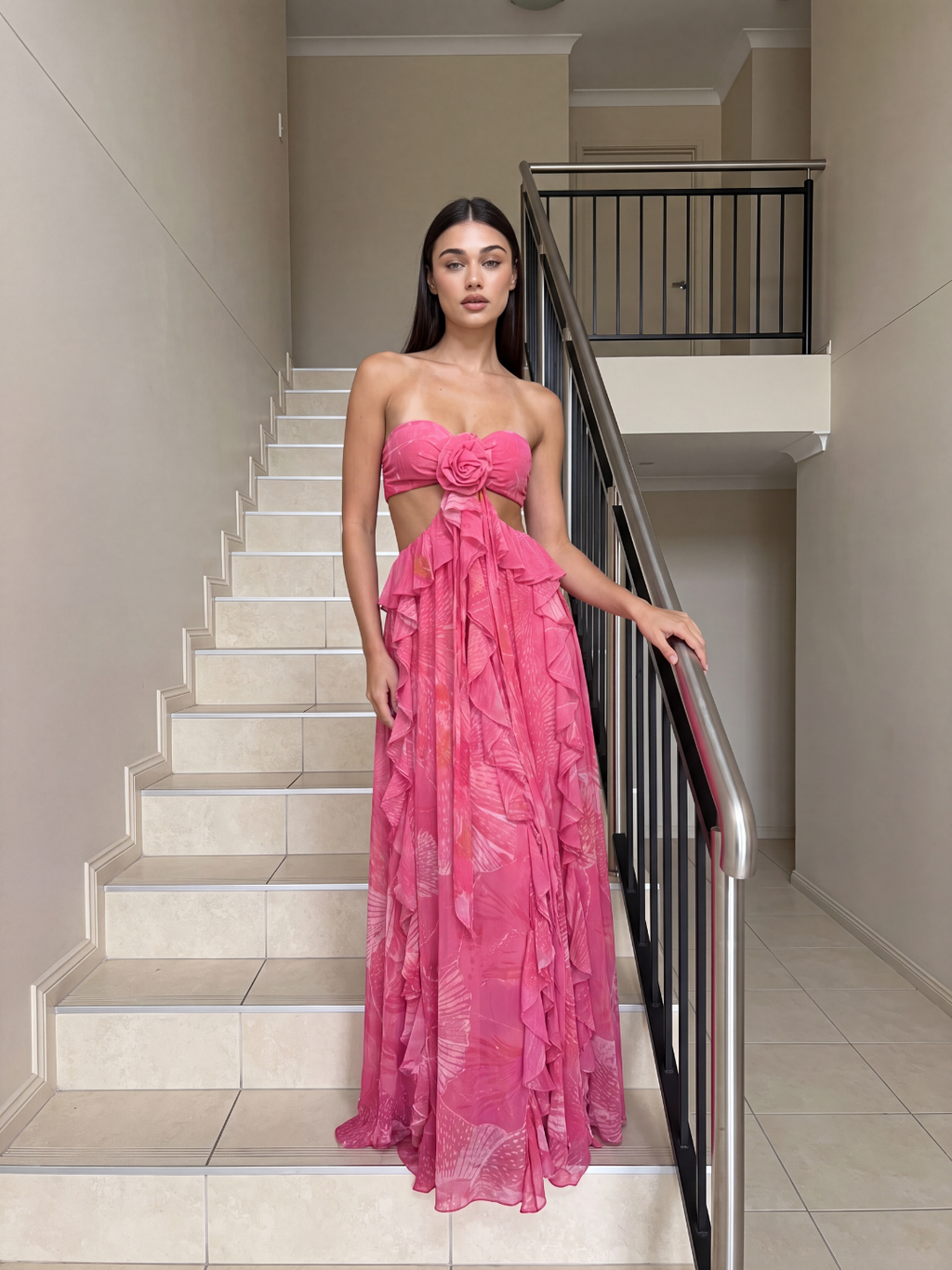 YASMEEN Women's Cut-Out Ruffle Maxi Dress with Rosette Detail