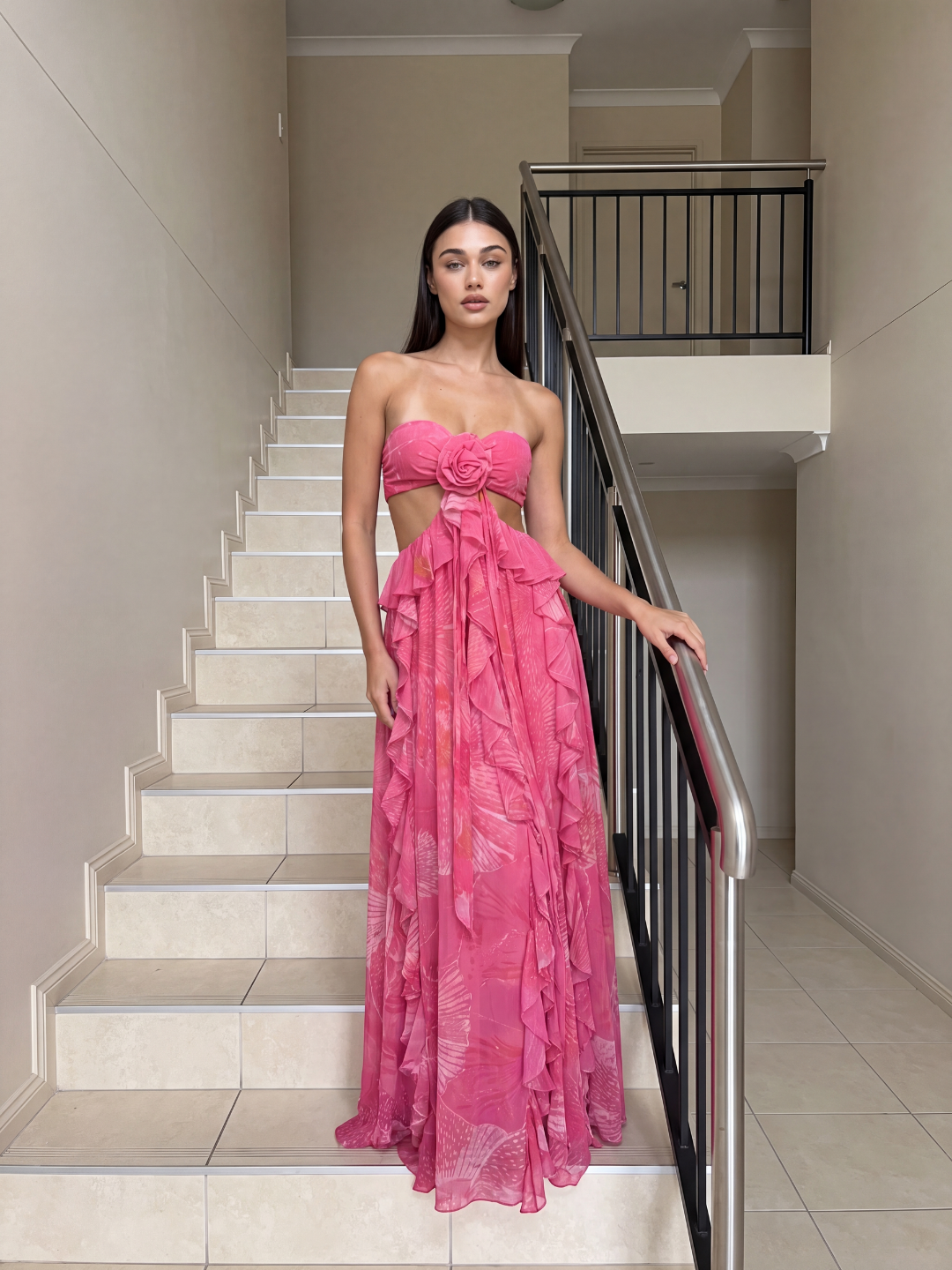YASMEEN Women's Cut-Out Ruffle Maxi Dress with Rosette Detail