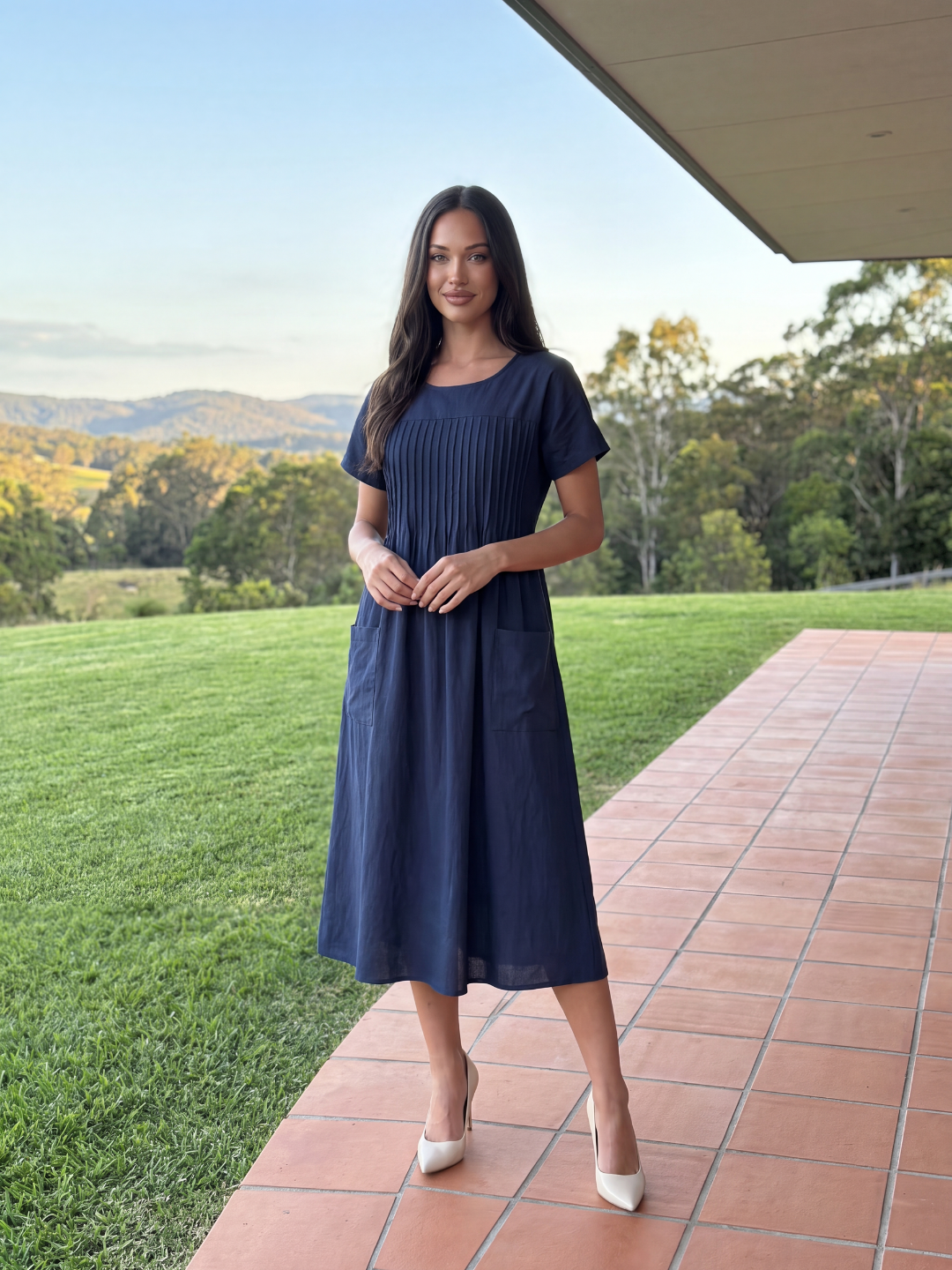 TARIAN Women's Pintuck Pocket Relaxed Midi Dress